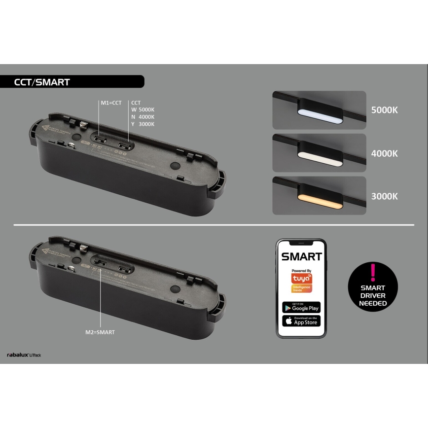 Rabalux - LED Plafoniera dimmerabile per sistema a binario monofase LED/6W/24V 2700-5500K Wi-Fi Tuya 11,5 cm nero
