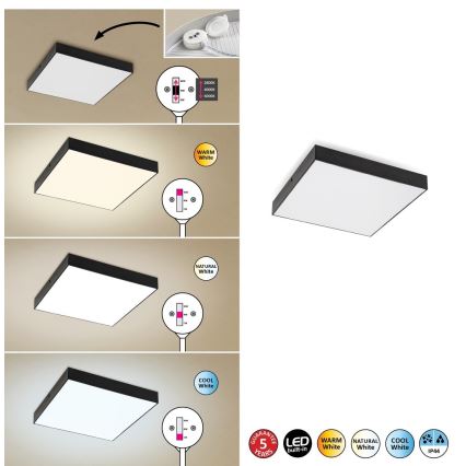 Rabalux - Plafoniera LED/24W/230V 2800-6000K IP44 nera 30x30 cm