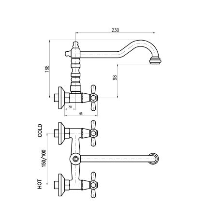 RAV Slezák MK102.5/28SM - Miscelatore per lavello/lavabo MORAVA RETRO 16,8 cm in ottone antico