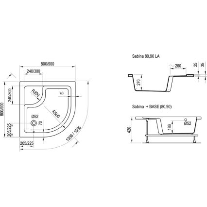 Ravak A217001020 - Piatto doccia angolare a quarto di cerchio SABINA 90x90 cm bianco
