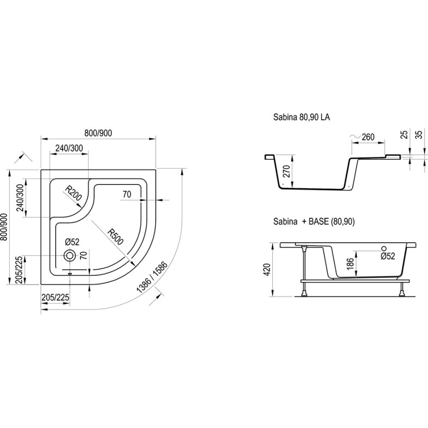 Ravak A217001020 - Piatto doccia angolare a quarto di cerchio SABINA 90x90 cm bianco
