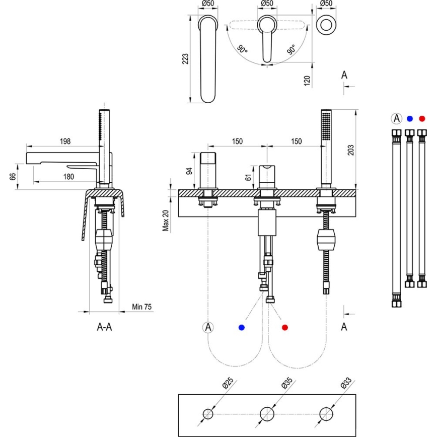 Ravak X070142 - Miscelatore per vasca a 3 fori PURI cromo lucido