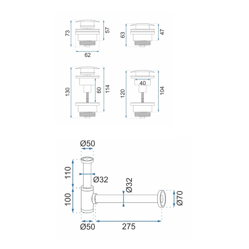 REA-A4400 - Sifone per lavabo con scarico CLICK-CLACK, diametro 6,4 cm, finitura nichel