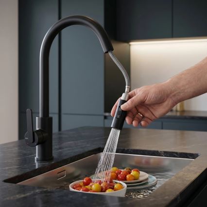 REA-B6571 - Miscelatore da cucina con doccetta estraibile ONTARIO 38 cm nero