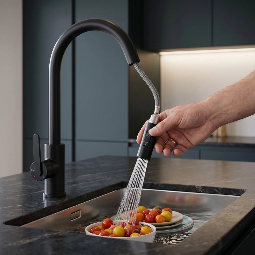 REA-B6571 - Miscelatore da cucina con doccetta estraibile ONTARIO 38 cm nero