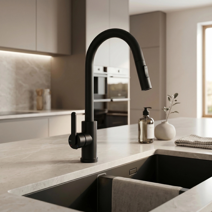 REA-B6571 - Miscelatore da cucina con doccetta estraibile ONTARIO 38 cm nero