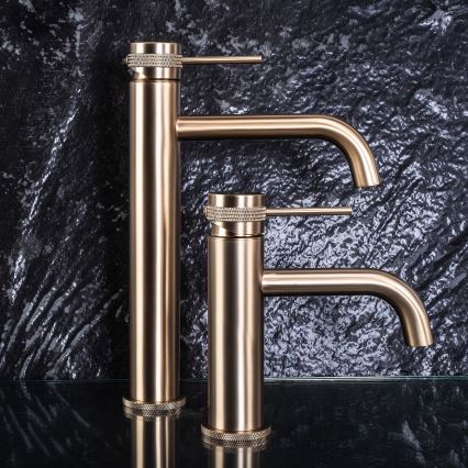 REA-B6896 - Miscelatore per lavabo LUNGO 28 cm, finitura oro spazzolata