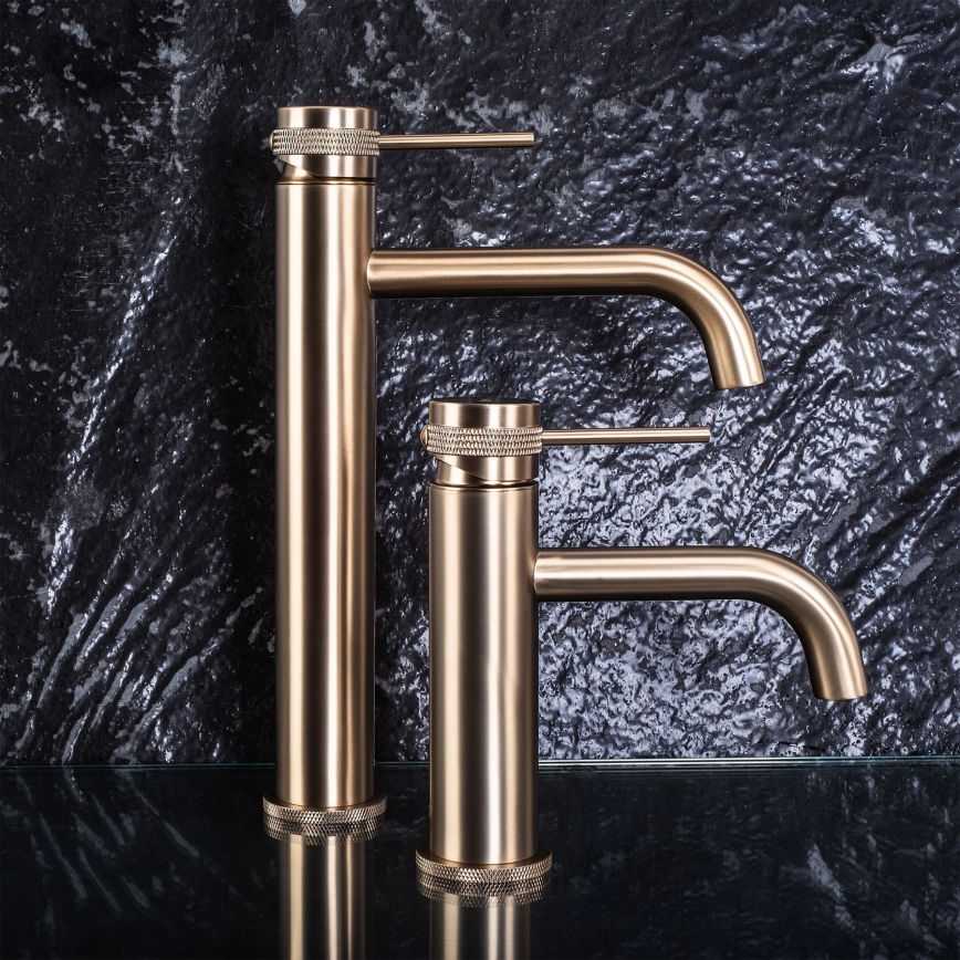 REA-B6950 - Miscelatore per lavabo LUNGO 16,5 cm, finitura oro spazzolato