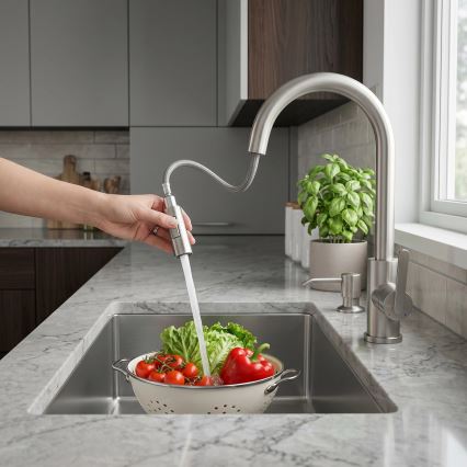 REA-B7573 - Miscelatore per lavello ONTARIO con doccetta estraibile, 38 cm, finitura nichel