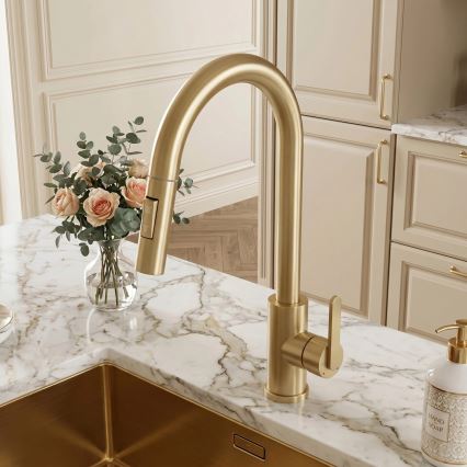 REA-B7575 - Miscelatore per lavello con doccetta estraibile ONTARIO 38 cm oro spazzolato