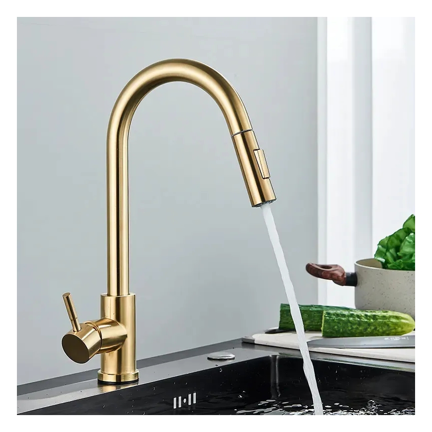 REA-B9148 - Miscelatore per lavello con doccetta estraibile FRESH 39,5 cm, finitura oro spazzolato