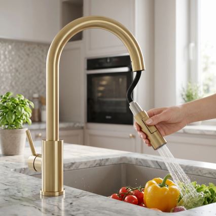 REA-B9842 - Miscelatore per lavello touch con doccetta estraibile FRESH TOUCH 37 cm 4xAA oro spazzolato