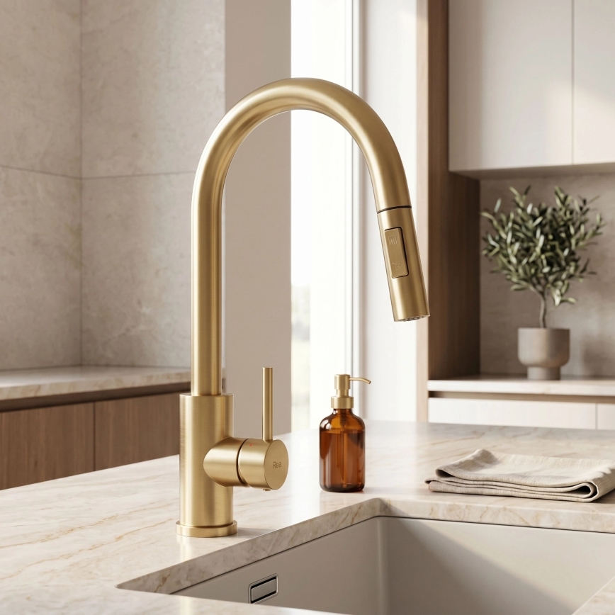 REA-B9842 - Miscelatore per lavello touch con doccetta estraibile FRESH TOUCH 37 cm 4xAA oro spazzolato