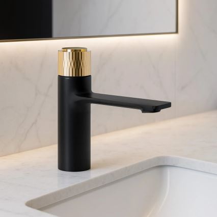 REA-B9987 - Miscelatore per lavabo STORM 16,5 cm nero/oro