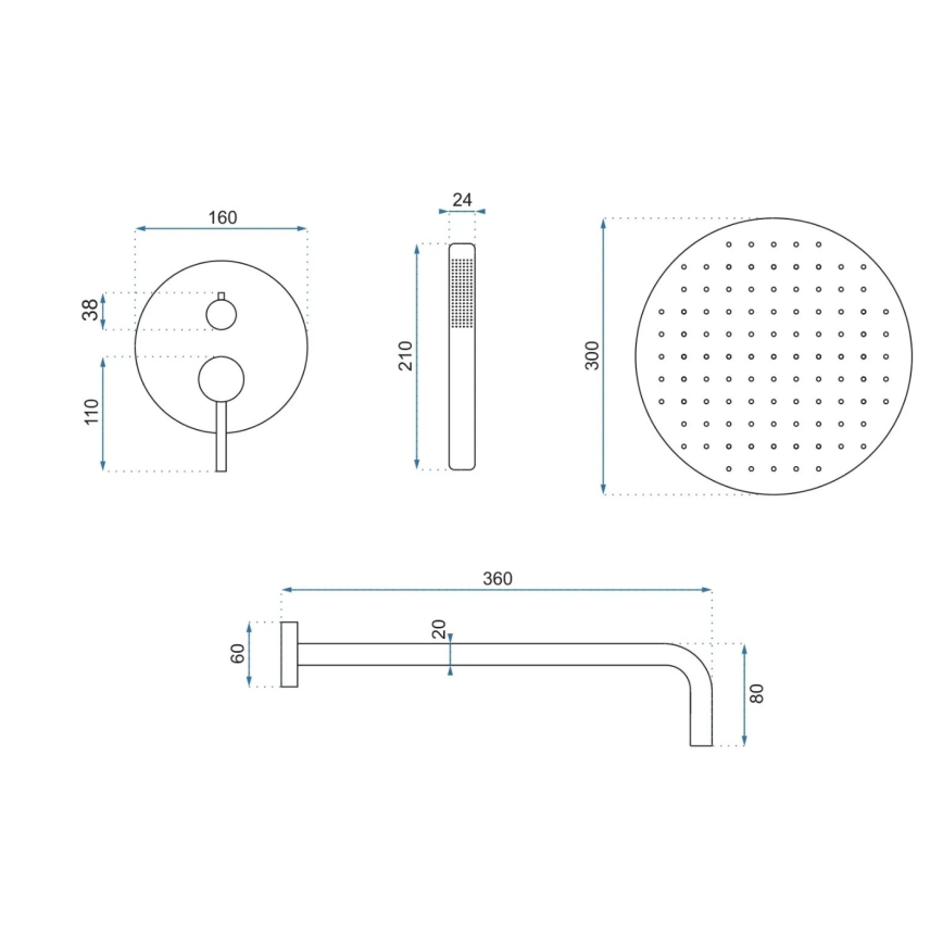 REA-P4160 - Set doccia con miscelatore da incasso LUNGO, finitura oro spazzolato