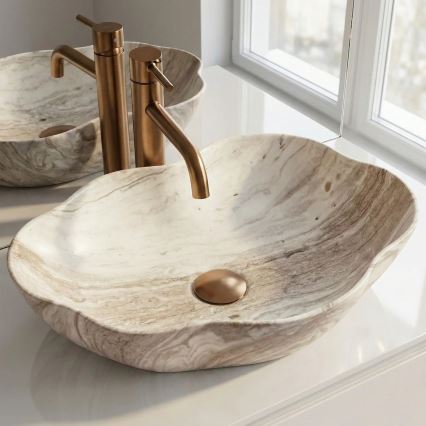 REA-U0618 - Lavabo da appoggio PEARL 38x50,5 cm in ceramica, beige, effetto pietra