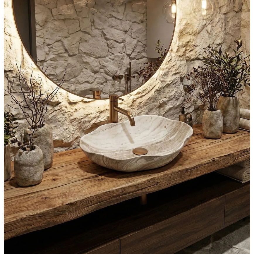 REA-U0618 - Lavabo da appoggio PEARL 38x50,5 cm in ceramica, beige, effetto pietra