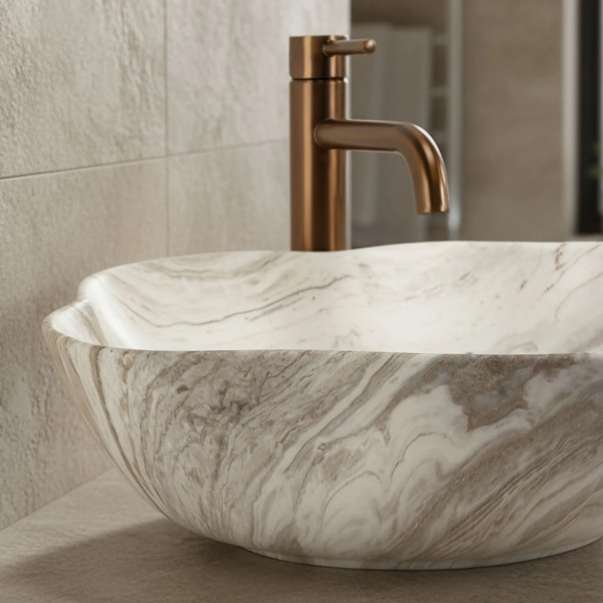 REA-U0618 - Lavabo da appoggio PEARL 38x50,5 cm in ceramica, beige, effetto pietra