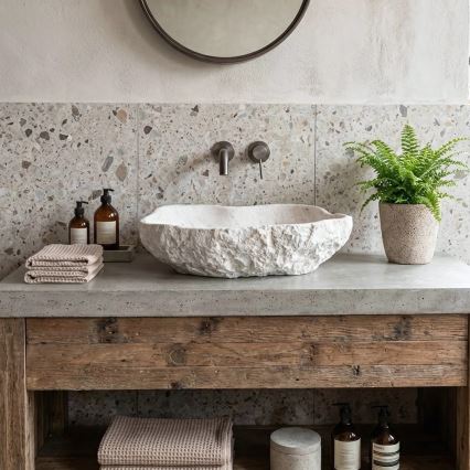 REA-U0642 - Lavabo da appoggio ISLA 37x49 cm bianco/beige/effetto pietra