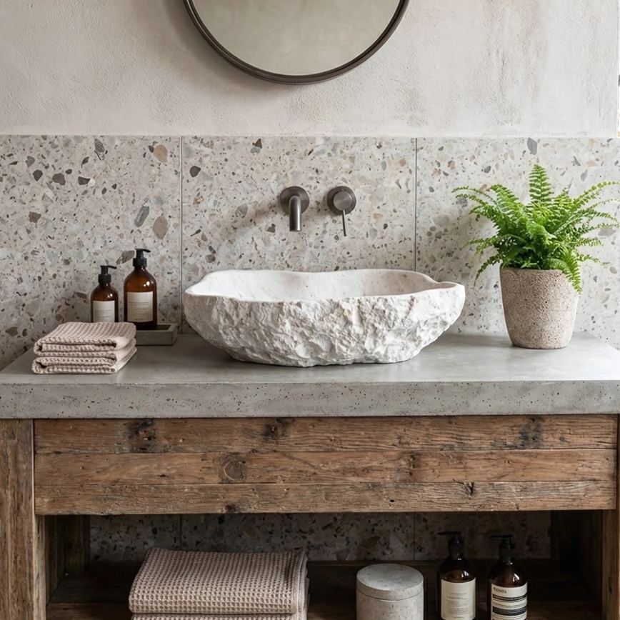 REA-U0642 - Lavabo da appoggio ISLA 37x49 cm bianco/beige/effetto pietra