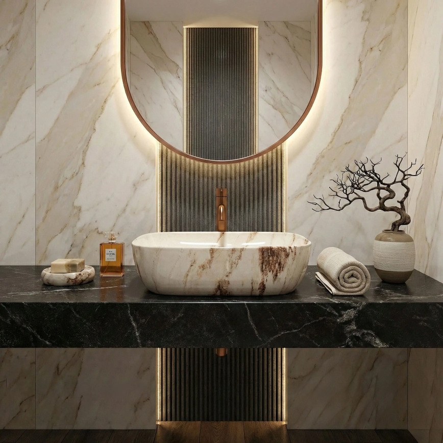 REA-U3601 - Lavabo da appoggio BELINDA 33x46,5 cm ceramica/beige/effetto pietra