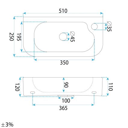 REA-U3610 - Lavabo da appoggio/sospeso ODETTA 25x51 cm in ceramica/bianco lucido