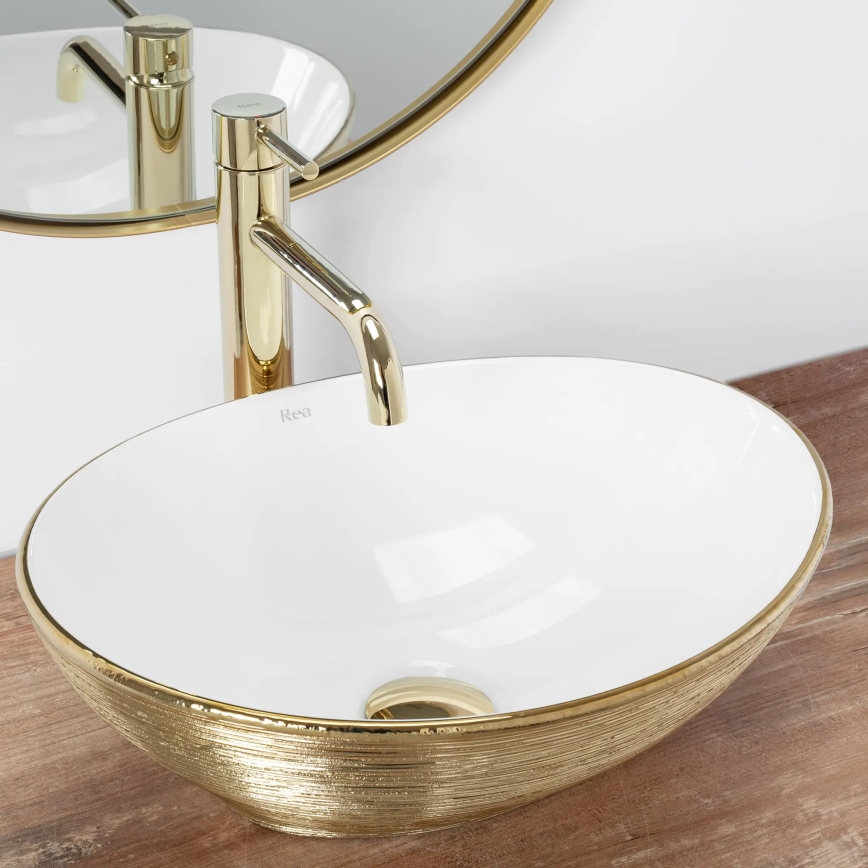 REA-U3697 - Lavabo da appoggio SOFIA 34,5x41 cm ceramica/bianco/oro spazzolato