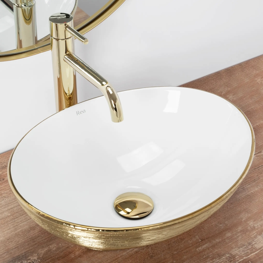 REA-U3697 - Lavabo da appoggio SOFIA 34,5x41 cm ceramica/bianco/oro spazzolato