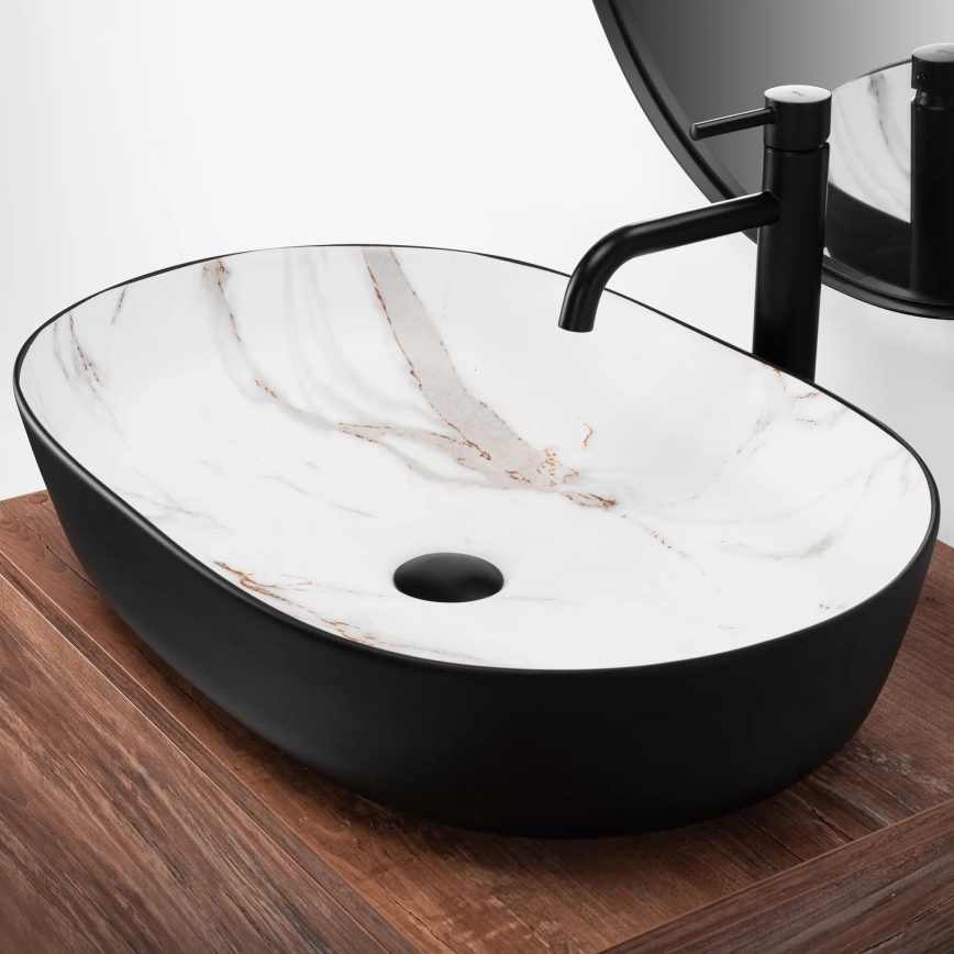 REA-U6625 - Lavabo da appoggio CLEO 41x60,5 cm ceramica/nero/bianco/finitura effetto marmo