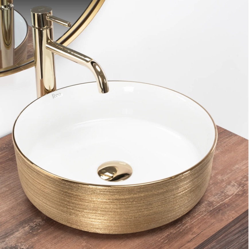 REA-U6630 - Lavabo da appoggio SAMI Ø 36 cm ceramica/bianco/oro spazzolato