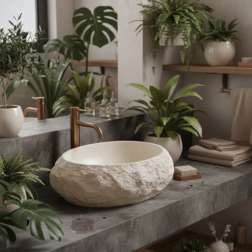 REA-U7347 - Lavabo da appoggio MIKA 38x50 cm beige/effetto pietra