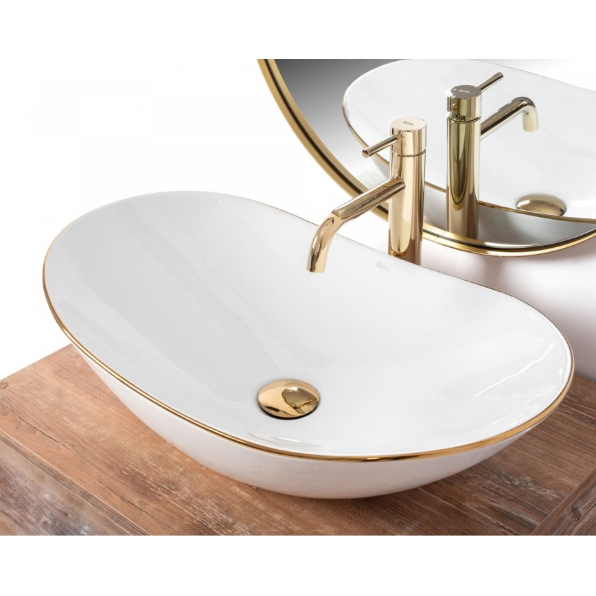 REA-U8570 - Lavabo da appoggio ROYAL 36x62 cm, in ceramica, bianco lucido con finiture oro
