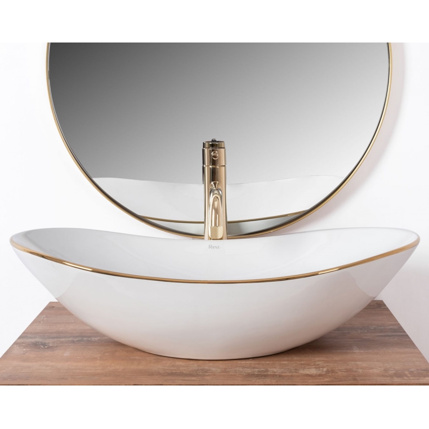 REA-U8570 - Lavabo da appoggio ROYAL 36x62 cm, in ceramica, bianco lucido con finiture oro