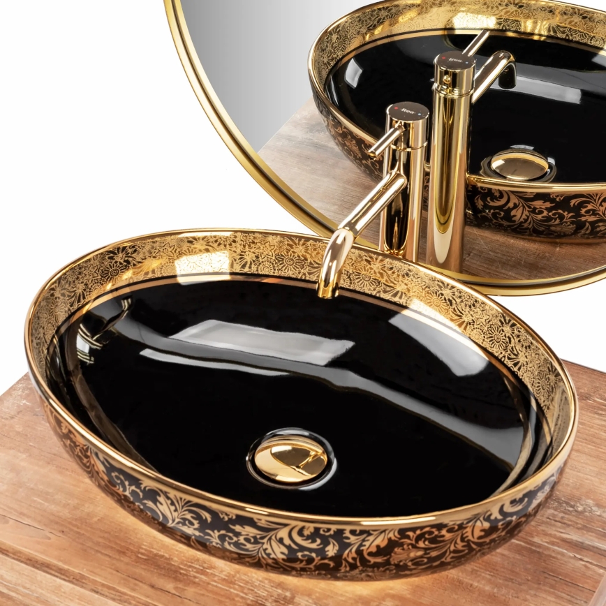 REA-U8978 - Lavabo da appoggio MARGOT 40x52 cm in ceramica, nero/oro