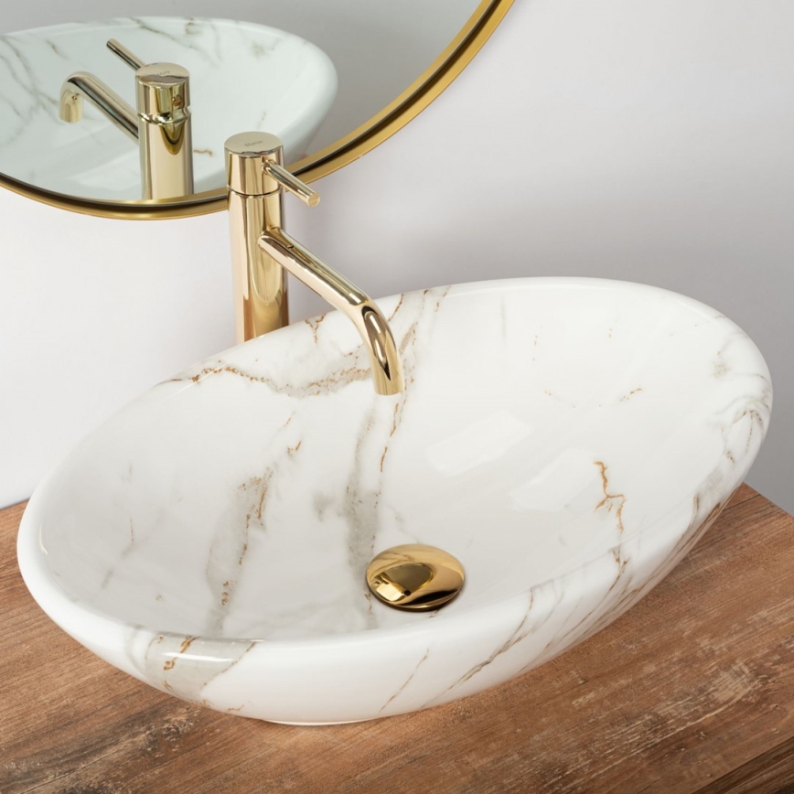 REA-U9685 - Lavabo da appoggio PAMELA 33x53 cm, in ceramica con decoro effetto marmo