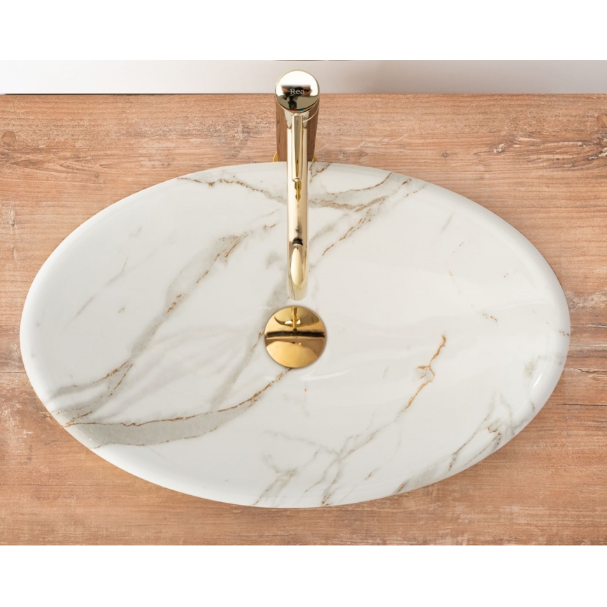 REA-U9685 - Lavabo da appoggio PAMELA 33x53 cm, in ceramica con decoro effetto marmo