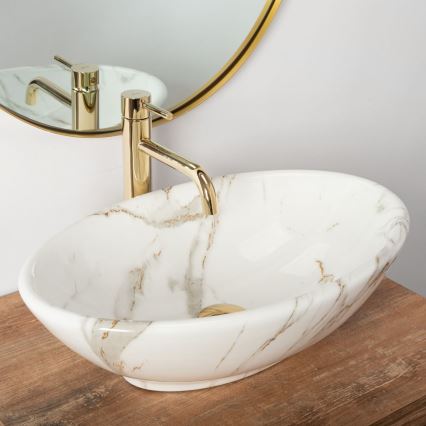 REA-U9685 - Lavabo da appoggio PAMELA 33x53 cm, in ceramica con decoro effetto marmo