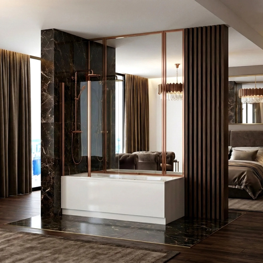 REA-W5696 - Paratia per vasca pieghevole AGAT 140x80 cm, finitura rame spazzolato/ vetro trasparente