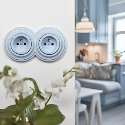 Reblig - Doppia presa da parete in stile retrò con cornice 230V blu