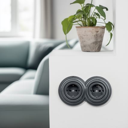 Reblig - Doppia presa domestica in stile retrò con placca SCHUKO 230V antracite