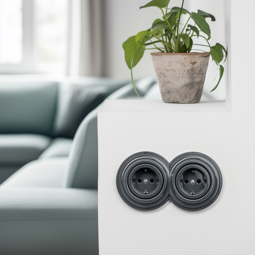 Reblig - Doppia presa domestica in stile retrò con placca SCHUKO 230V antracite