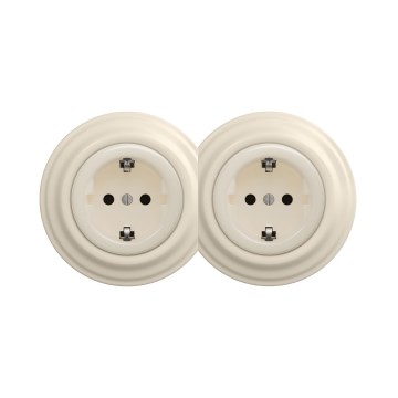 Reblig - Doppia presa domestica in stile retrò con placca SCHUKO 230V, beige