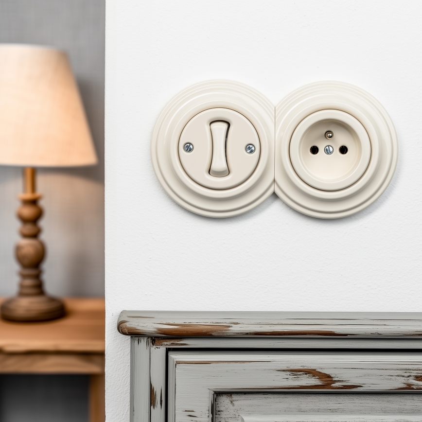 Reblig - Interruttore unipolare in stile retrò n. 1 e presa 230V con placca, beige