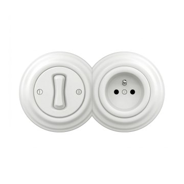 Reblig - Interruttore unipolare retrò n. 1 e presa 230 V con cornice, bianco neve