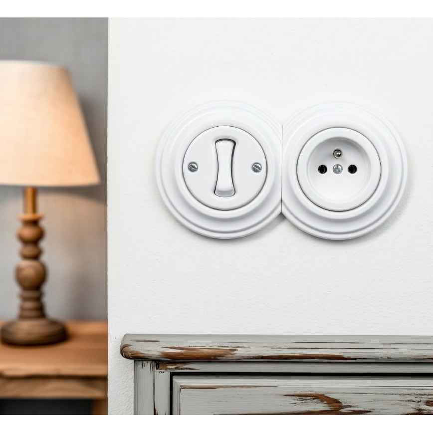 Reblig - Interruttore unipolare retrò n. 1 e presa 230 V con cornice, bianco neve