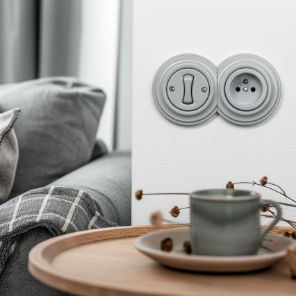 Reblig - Interruttore unipolare retrò n. 1 e presa 230V con cornice grigia