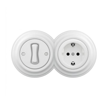 Reblig - Interruttore unipolare retrò n. 1 e presa SCHUKO 230V con cornice bianco neve