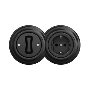 Reblig - Interruttore unipolare retrò n. 1 e presa SCHUKO 230V con cornice, nero