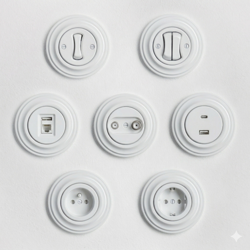 Reblig - Presa da parete in stile retrò con cornice 230 V bianco neve
