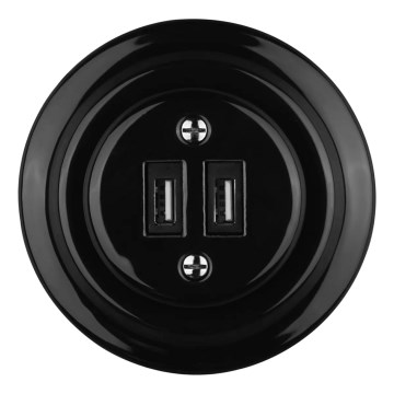 Reblig - Presa di alimentazione USB in porcellana in stile retrò con cornice, 2 porte USB-A, nera